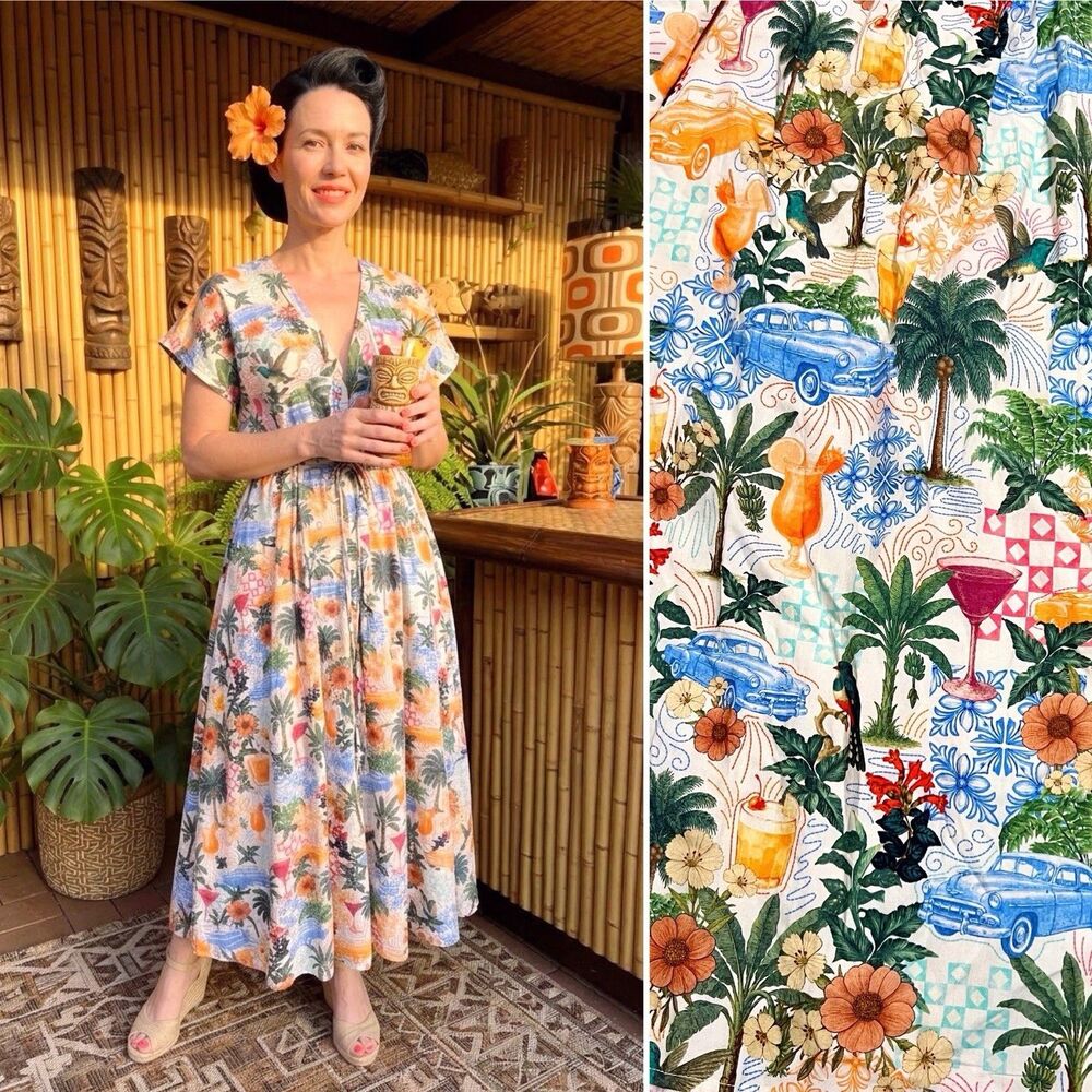Vici Tiki Midi Dress With Pockets M 50s Vintage Cars Floral Tropical Cocktails
